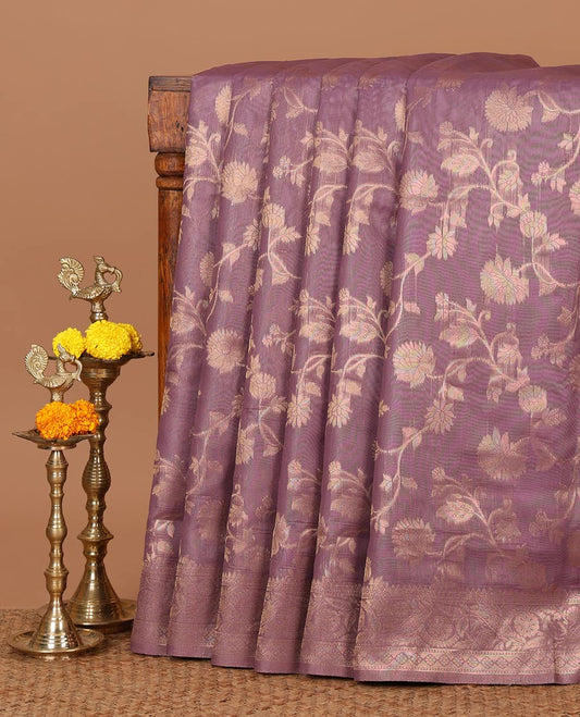 Light purple floral jaal jacquard banaras brasso saree, traditional zari border,floral jaal pallu & zari design blouse