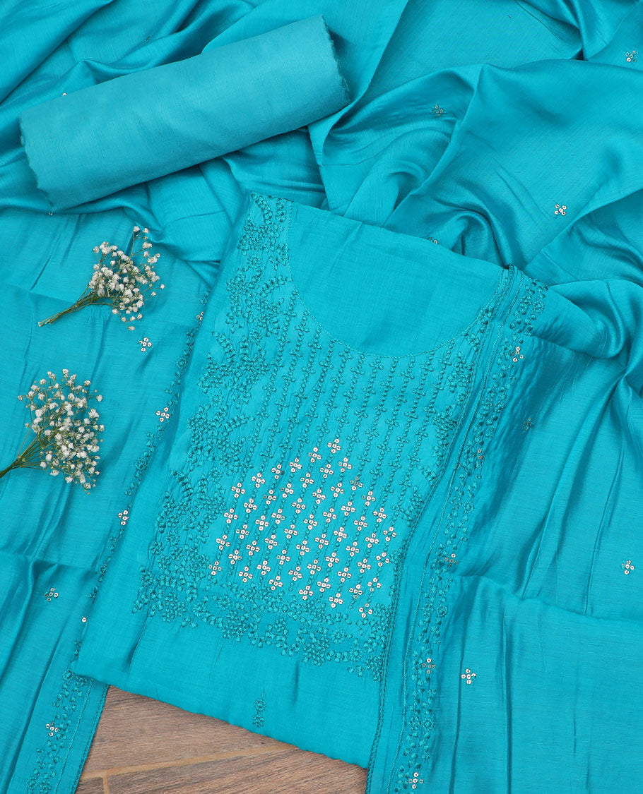 Blue material chudidar set, self-color thread and sequins embroidered top, plain bottom and sequins work dupatta