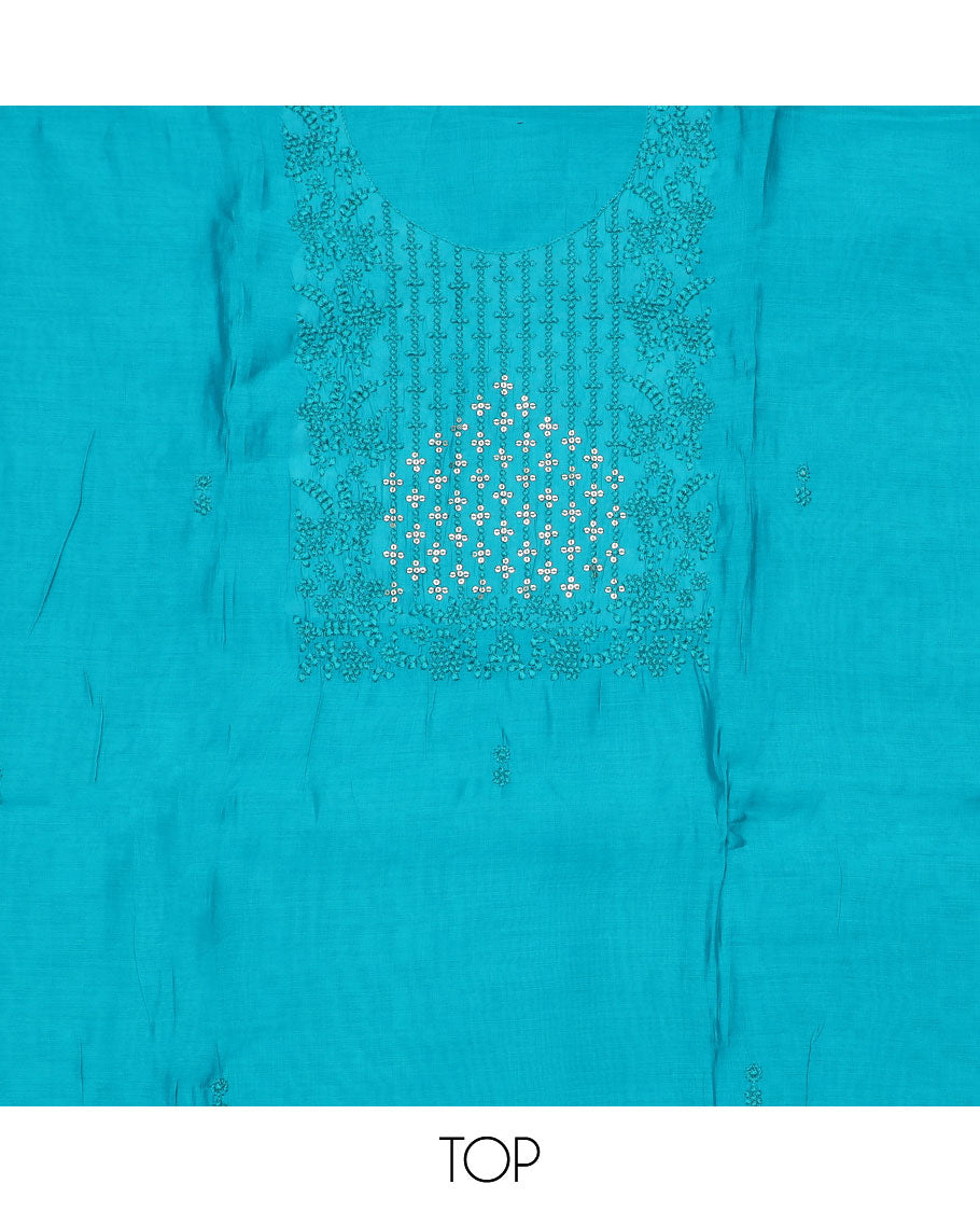 Blue material chudidar set, self-color thread and sequins embroidered top, plain bottom and sequins work dupatta