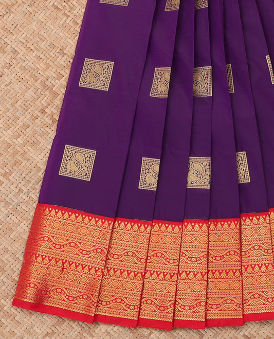 Violet Budget Silk Saree, Spotlighted with Peacock Buttas, a Contrast Traditional Zari Border, Grand Pallu, and a Contrast Blouse