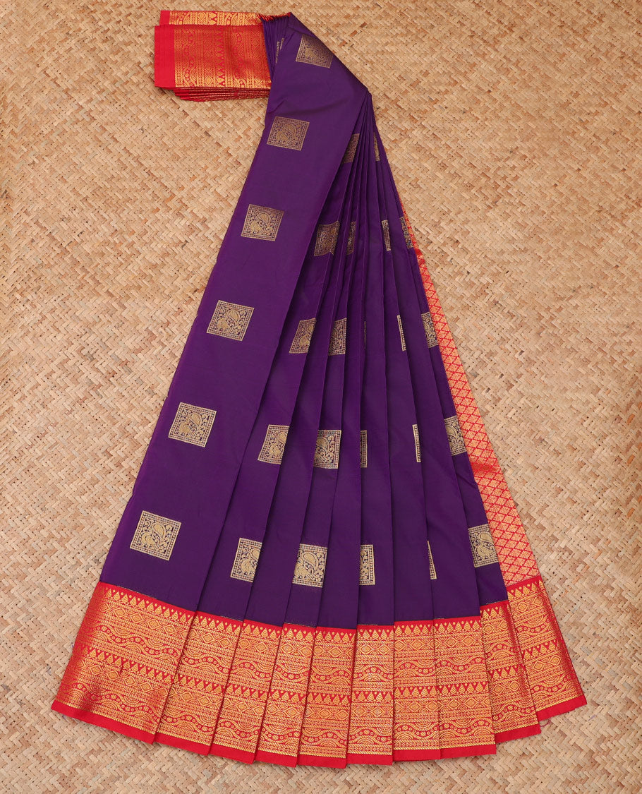 Violet Budget Silk Saree, Spotlighted with Peacock Buttas, a Contrast Traditional Zari Border, Grand Pallu, and a Contrast Blouse