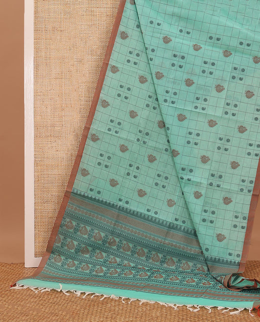 Turquoise butta enclosed checked Coimbatore cotton saree, contrast plain border & traditional design pallu