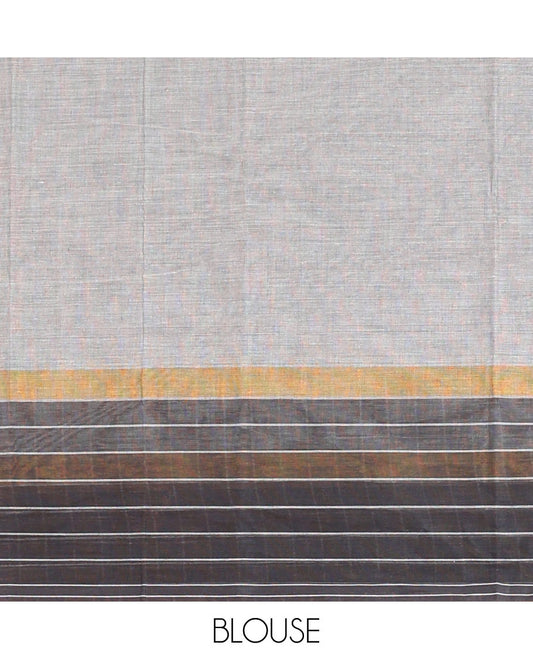 Grey striped Chirala cotton saree, contrast checked border & striped pallu