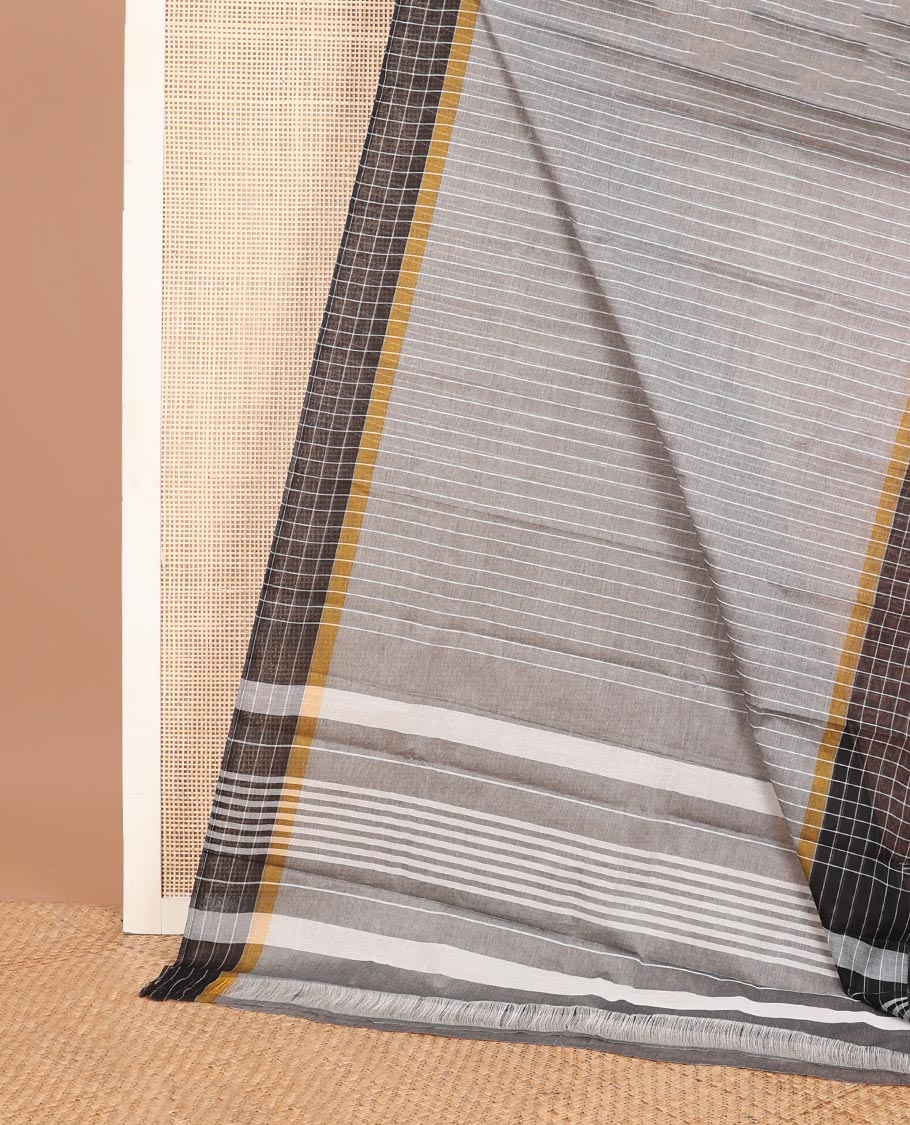 Grey striped Chirala cotton saree, contrast checked border & striped pallu