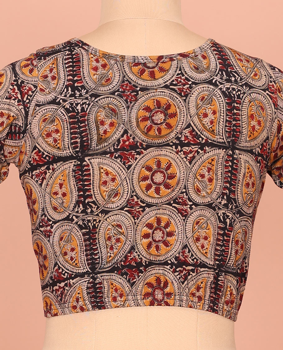 Black Cotton Readymade Blouse Detailed with Chakram and Paisley Vine Print, Featuring a Front V-Neck, a Closed Back Neck, and Elbow Sleeves