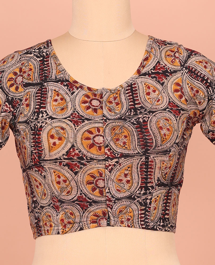 Black Cotton Readymade Blouse Detailed with Chakram and Paisley Vine Print, Featuring a Front V-Neck, a Closed Back Neck, and Elbow Sleeves