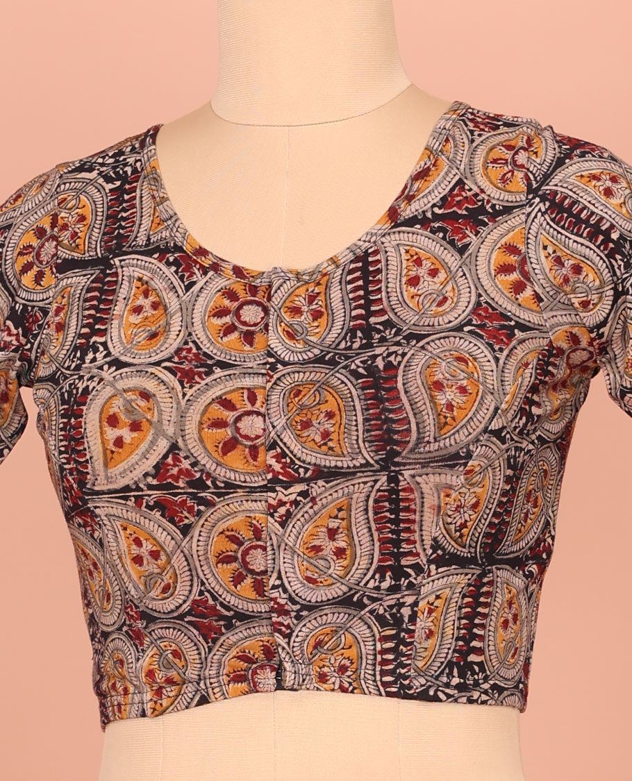 Black Cotton Readymade Blouse Detailed with Chakram and Paisley Vine Print, Featuring a Front V-Neck, a Closed Back Neck, and Elbow Sleeves