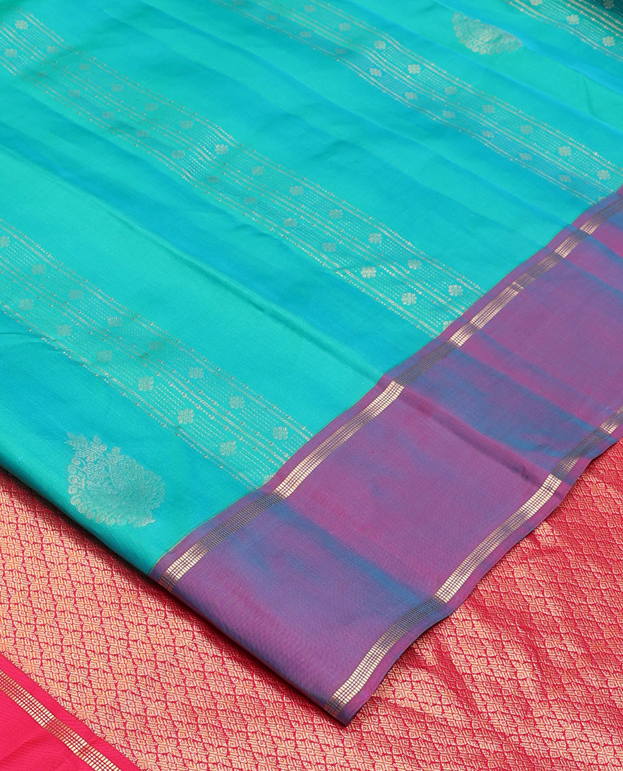 Blue zari design Vasundhara silk mix, contrast rettai pettu border, and contrast jaal pallu