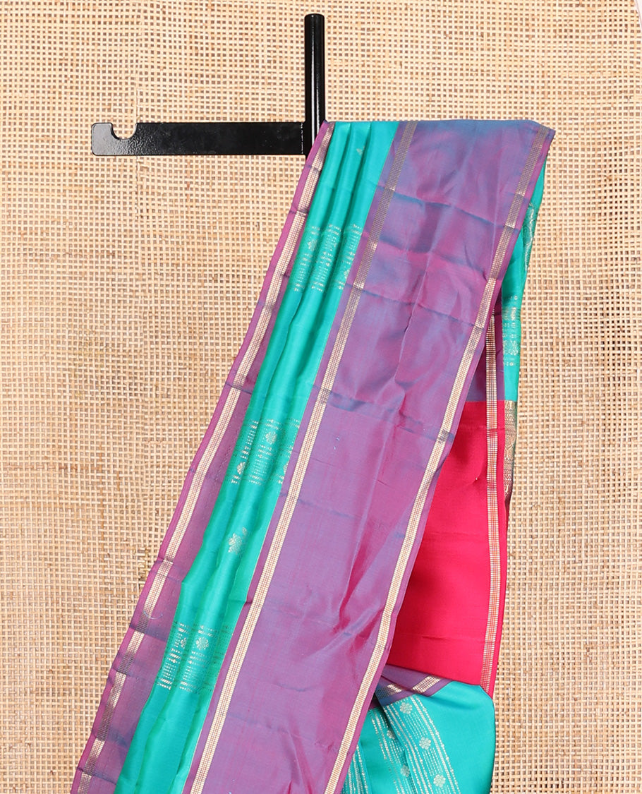 Blue zari design Vasundhara silk mix, contrast rettai pettu border, and contrast jaal pallu