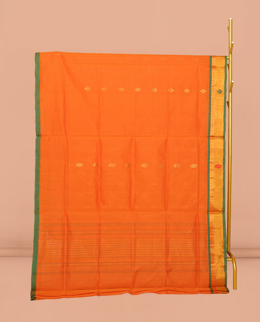 Orange Venkatagiri Cotton Saree Detailed with Buttas, a Contrast Zari-Thread Border, Pallu of Stripes, and No Blouse