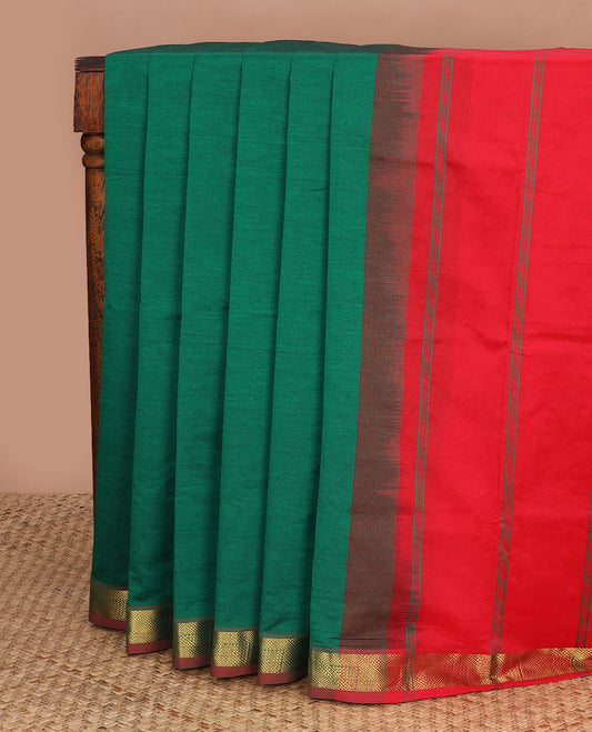 Green plain design poly cotton saree, contrast zari border & striped pallu