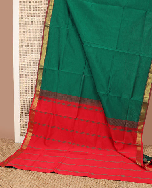Green plain design poly cotton saree, contrast zari border & striped pallu