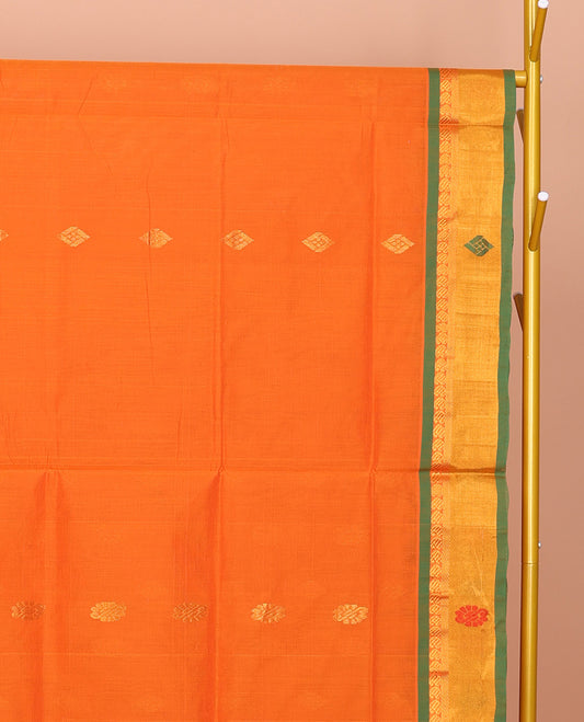 Orange Venkatagiri Cotton Saree Detailed with Buttas, a Contrast Zari-Thread Border, Pallu of Stripes, and No Blouse