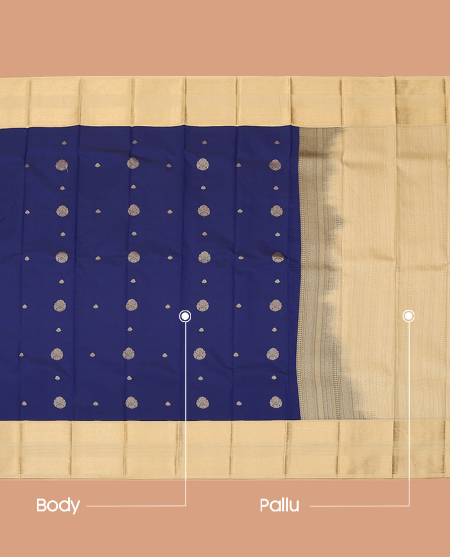 Blue Budget Silk Saree, Adorned with Zari Buttas, Complemented by Contrast Traditional Zari Border, a Grand Pallu and a Contrast Blouse