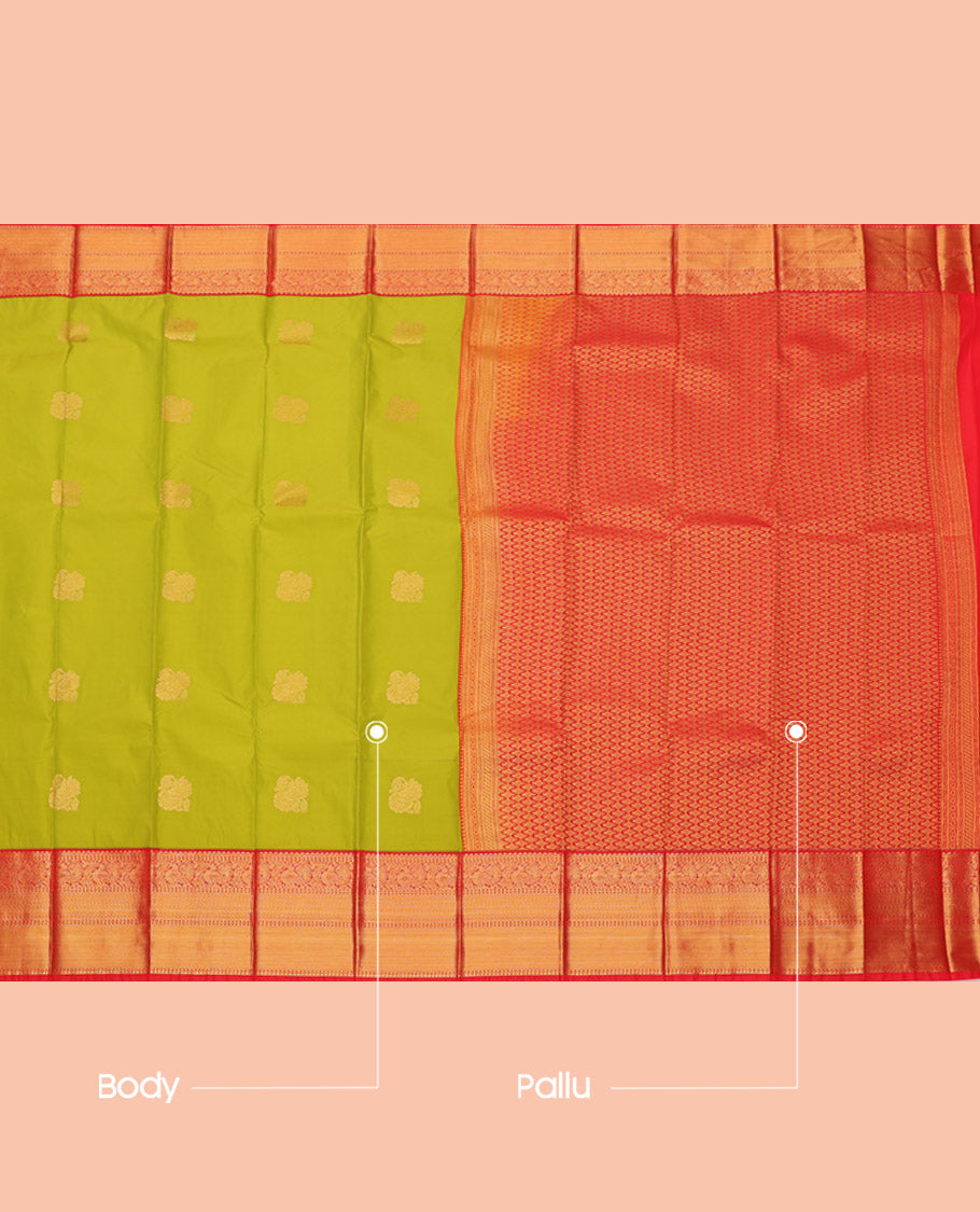 Green Budget Silk Saree, Woven with Zari Buttas, Complemented by a Contrast Traditional Zari Border, Grand Pallu, and a Contrast Blouse