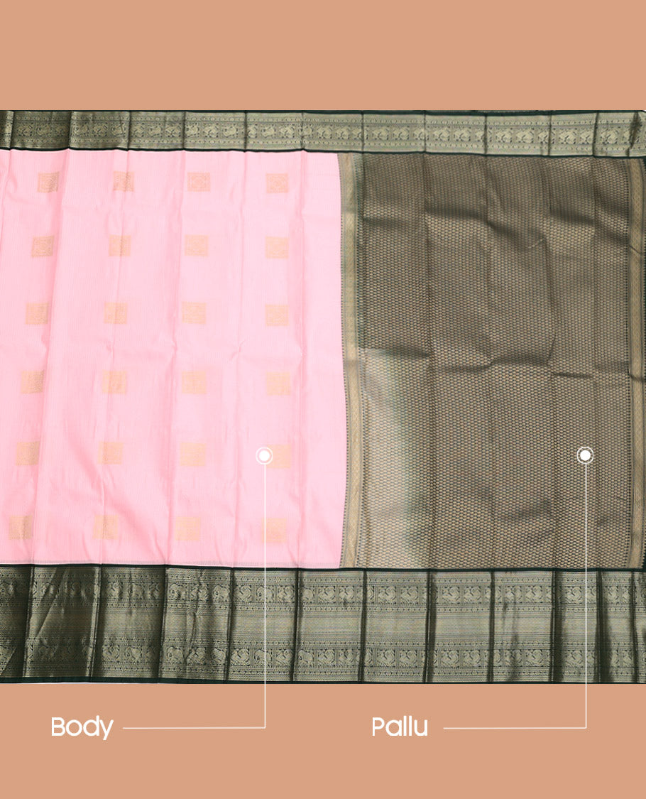 Baby Pink Budget Silk Saree, Sparsely Woven with Zari Buttas, Complemented by a Contrast Traditional Zari Border, Grand Pallu, and Contrast Blouse