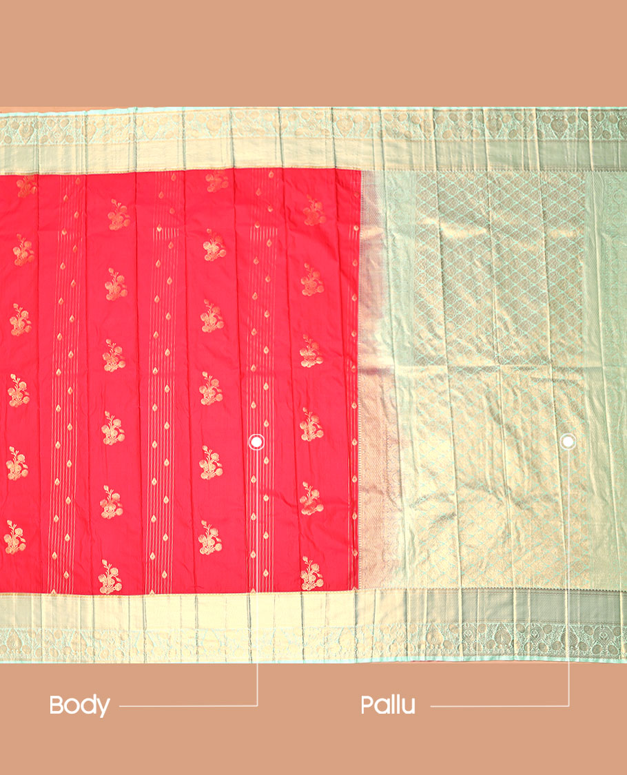Red Budget Silk Saree, Elevated with Zari Buttas and Stripes, Complemented by Contrast Traditional Zari Border, a Grand Jaal Pallu  and a Contrast Blouse