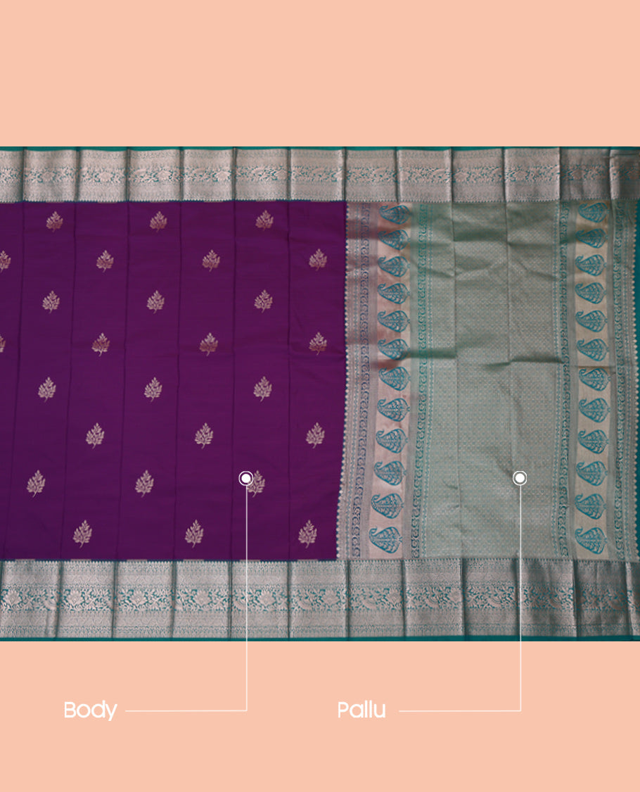 Violet Budget Silk Saree Featuring Zari Buttas, Complemented by a Contrast Traditional Zari Border, Grand Pallu, and a Contrast Blouse