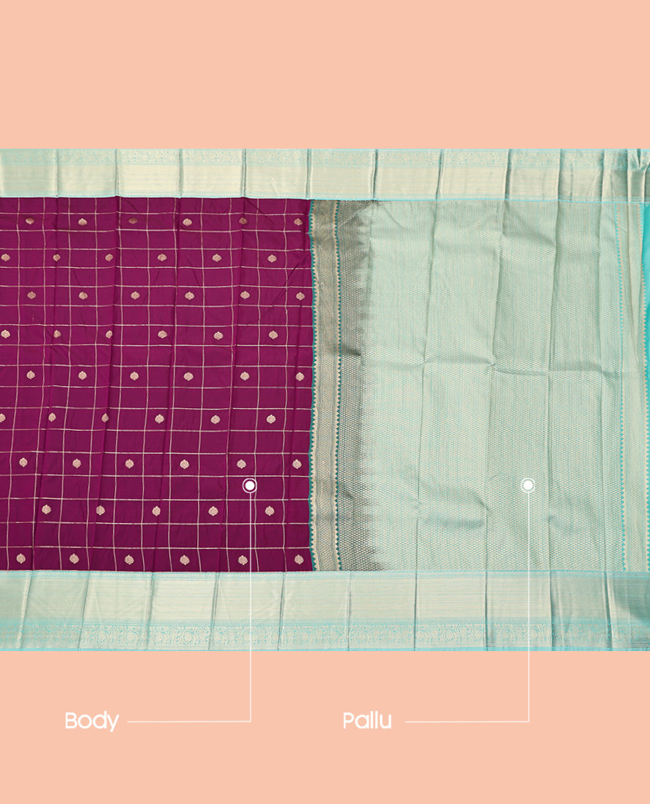 Purple Budget Silk Saree, Richly Detailed with Zari Butta Enclosed Checks, a Contrast Traditional Zari Border, Grand Pallu, and a Contrast Blouse
