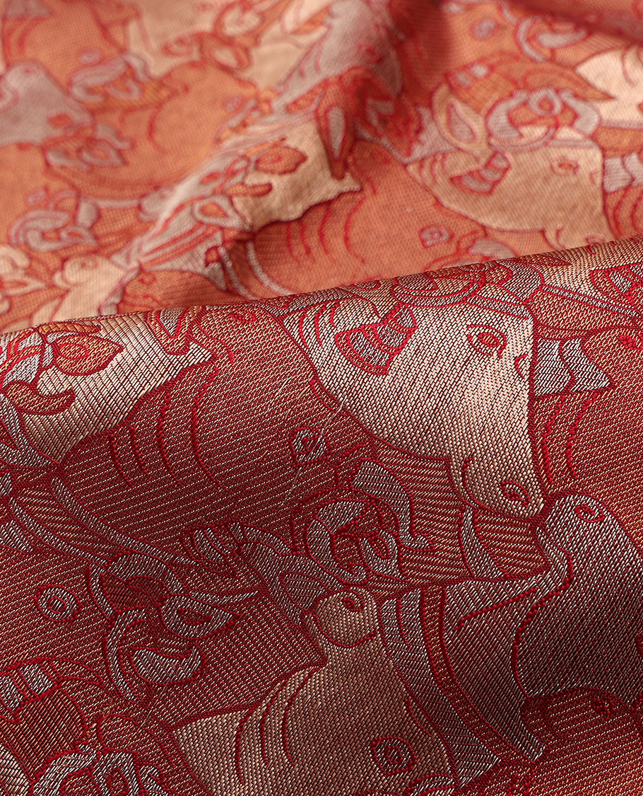 Red pichwai cow jacquard silk saree, contrast border of manga mokku,kathir & jaal design & intricate zari woven pallu