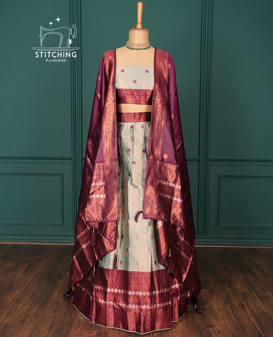 Green jacquard art-silk half-saree, zari design blouse, contrast traditional design border & intricate dupatta