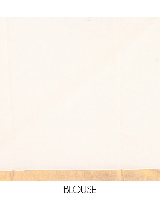 Cream Kerala Cotton Saree Elegantly Accentuated with Zari Stripes All Over Its Body, Bavanji Border, Pallu of Intricate Designs, and Paired with a Matching Blouse