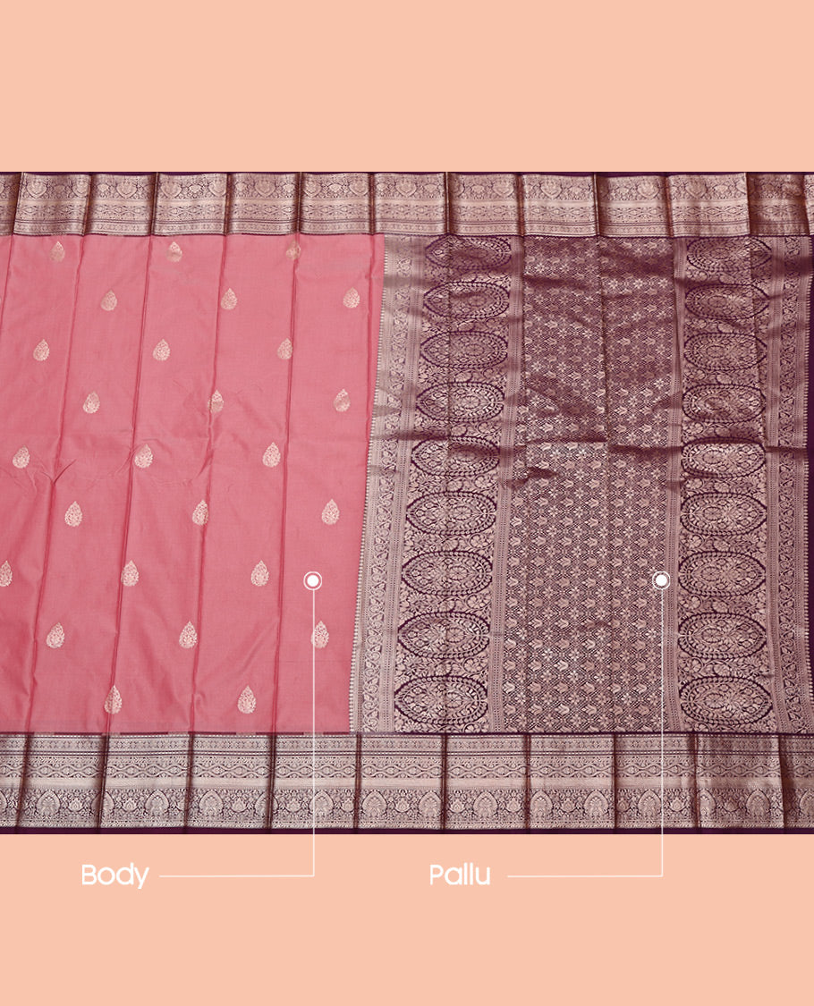 Pink Budget Silk Saree, Prettified with Zari Buttas All Over Its Body, Complemented by a Contrast Traditional Zari Design Border, Intricate Pallu, and Paired with a Contrast Blouse
