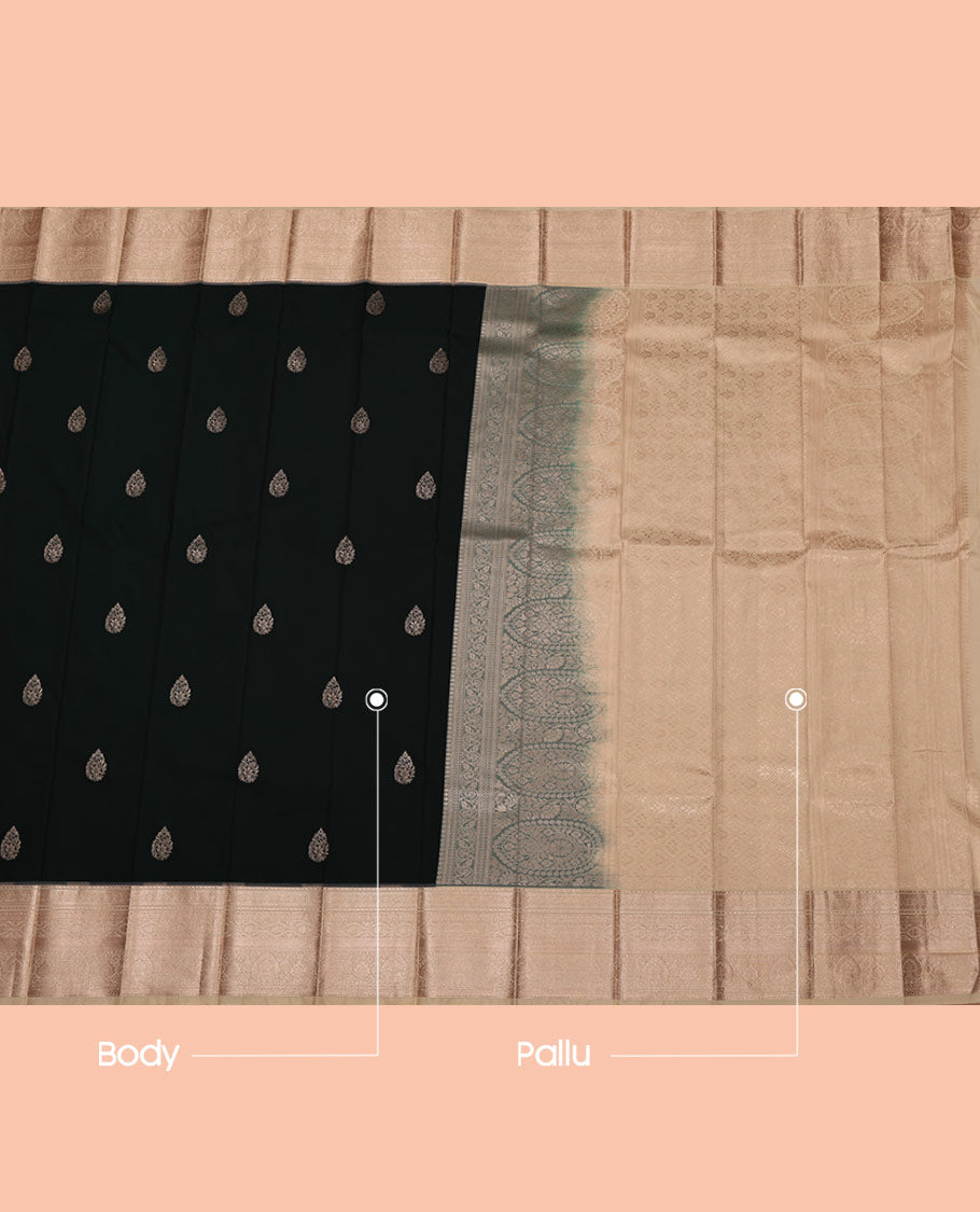 Green Budget Silk Saree, Showcasing Zari Buttas on Its Body, Complemented by a Contrast Traditional Zari Design Border, Intricately Designed Pallu, and Paired with a Contrast Blouse