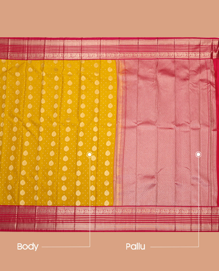 Yellow Budget Silk Saree, Accentuated with Zari Buttas on Its Body, Complemented by a Contrast Traditional Zari Border of Peacock Designs, Grand Pallu, and Paired with a Contrast Blouse
