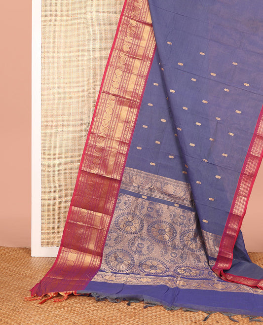 Blue Chettinad Cotton Saree Decorated with Zari Buttas All Over Its Body, Complemented by Contrast Traditional Zari Design Border, Pallu of Chakram Designs, and Paired with a Matching Blouse