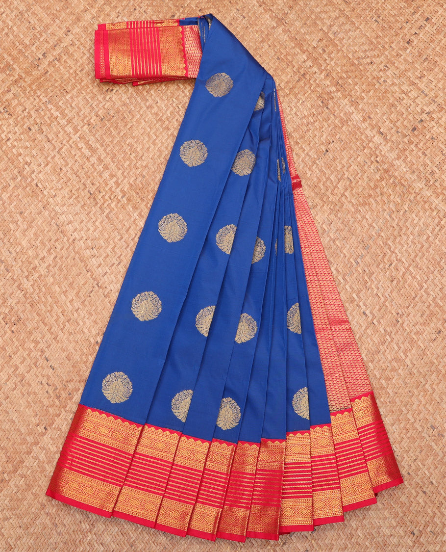Blue Budget Silk Saree, Woven with Zari Buttas, Complemented by a Contrast Traditional Zari Border, Grand Pallu, and Contrast Blouse