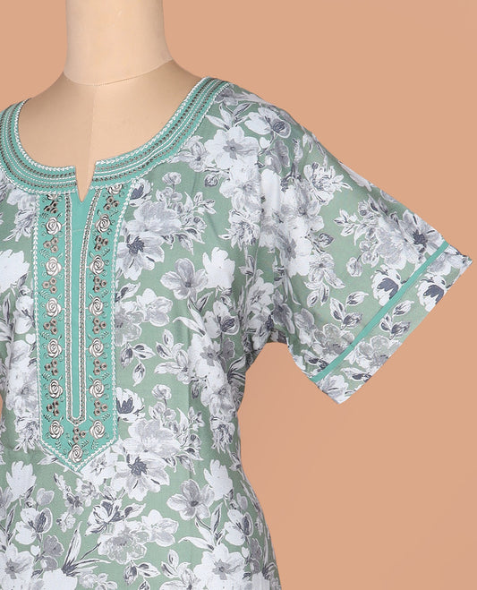 Pale green floral print with floral round neck embroidered half-sleeve cotton nighty
