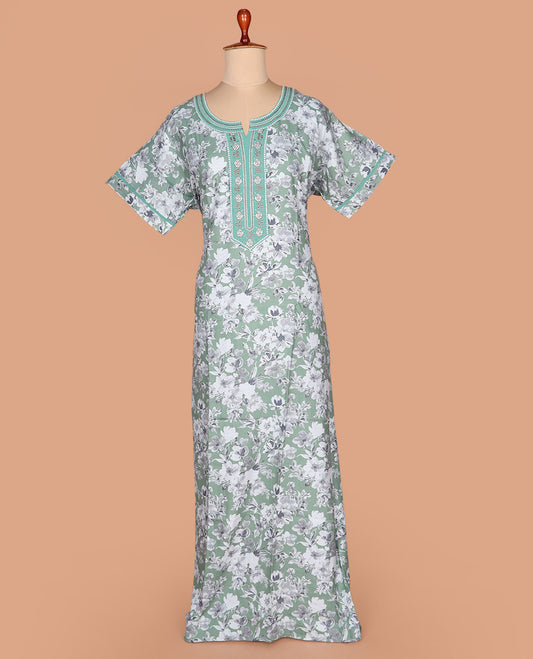 Pale green floral print with floral round neck embroidered half-sleeve cotton nighty