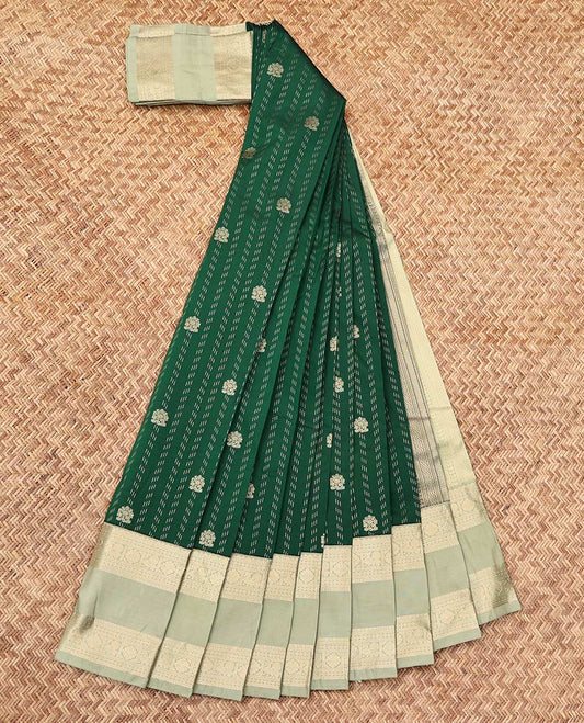 Green Budget Silk Saree, Steeped in Richness of Zari Buttas, a Contrast Traditional Zari Rettai Pettu Border, Grand Pallu, and a Contrast Blouse