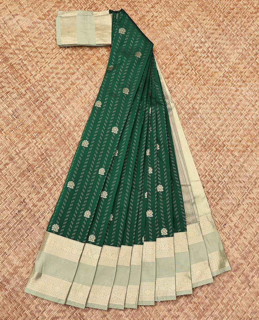 Green Budget Silk Saree, Steeped in Richness of Zari Buttas, a Contrast Traditional Zari Rettai Pettu Border, Grand Pallu, and a Contrast Blouse