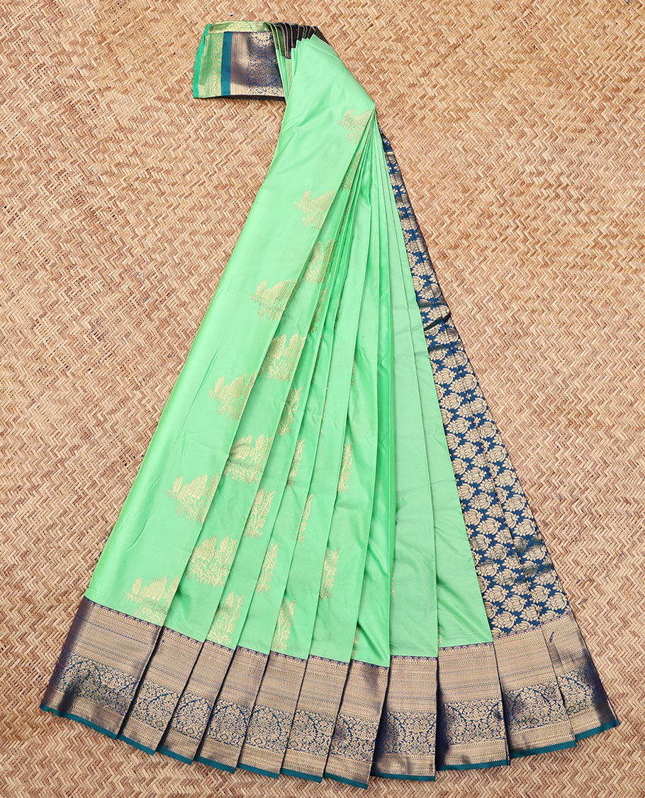 Green Budget Silk Saree, Embellished with Zari Buttas, Complemented by Contrast Traditional Zari Border, a Grand Pallu and a Contrast Blouse