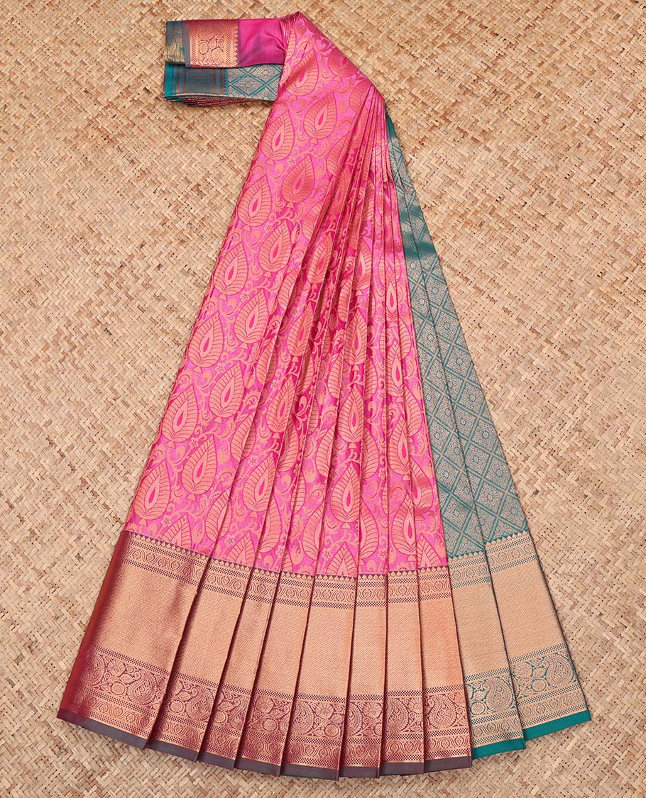Pink Budget Silk Saree, Embellished with Jacquard, Complemented by a Contrast Traditional Zari Border, Grand Jaal Pallu, and a Contrast Blouse