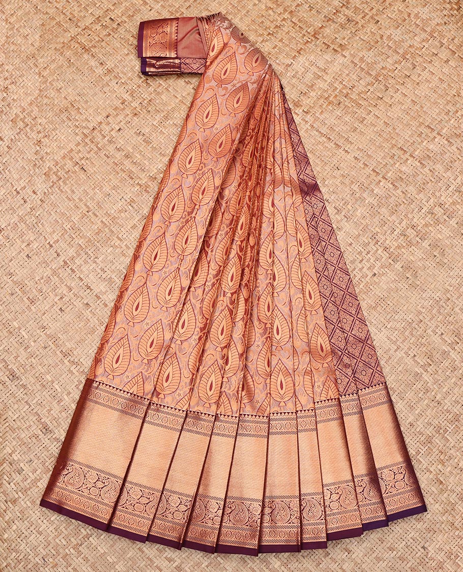 Peach Budget Silk Saree, Delicately Woven with Jacquard Design, Complemented by a Contrast Traditional Zari Border, Jaal Pallu, and Contrast Blouse