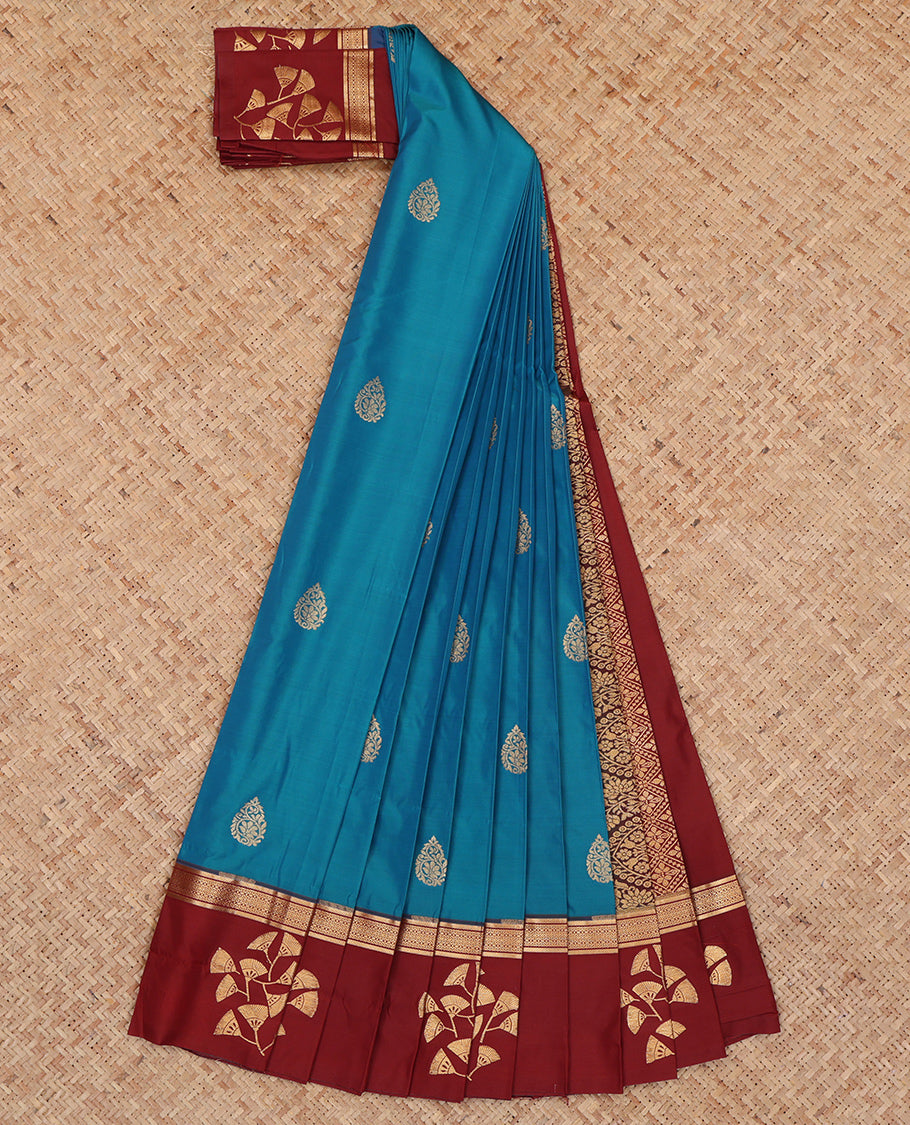 Blue Budget Silk Saree, Highlighted with Zari Buttas, Complemented by a Contrast Traditional Zari Border, Grand Pallu, and a Contrast Blouse