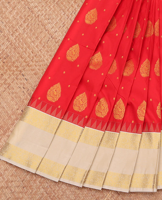 Red Budget Silk Saree, Finely Crafted with Zari Buttas, Complemented by a Contrast Traditional Zari Rettai Pettu Border, Grand Pallu, and a Contrast Blouse