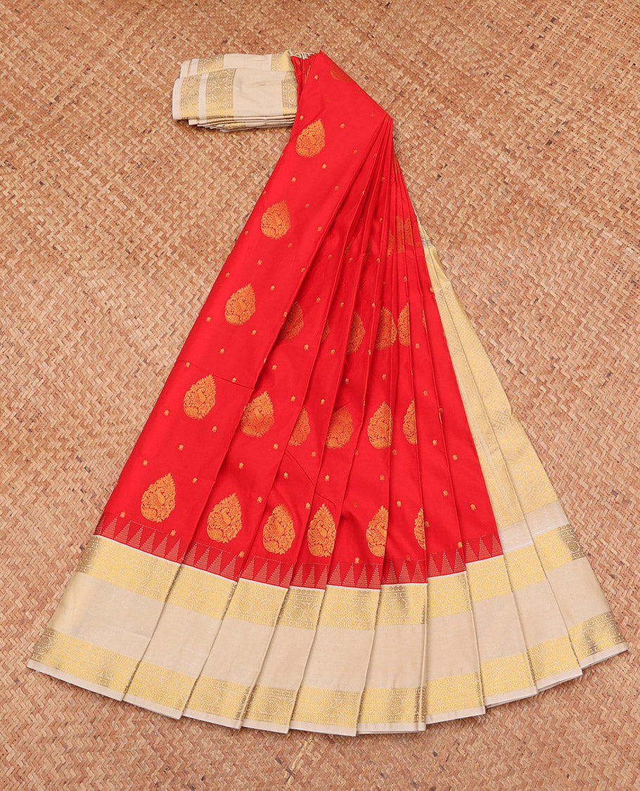 Orange Budget Silk Saree, Finely Crafted with Zari Buttas, Complemented by a Contrast Traditional Zari Rettai Pettu Border, Grand Pallu, and a Contrast Blouse