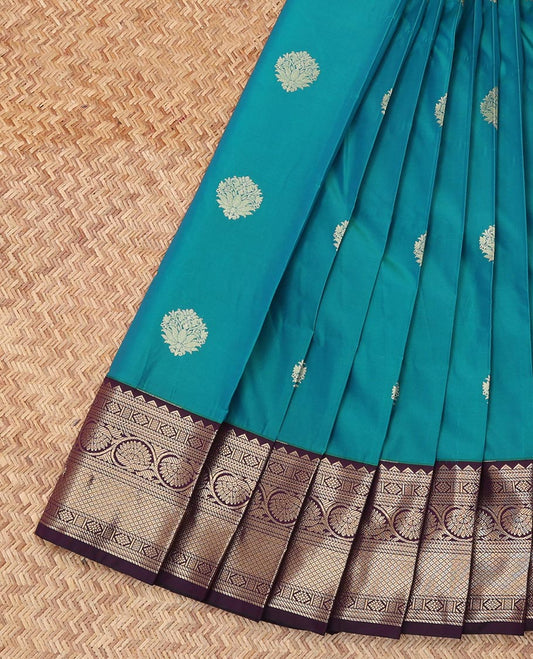 Blue Budget Silk Saree, Graced with Zari Buttas, Complemented by Contrast Traditional Zari Border, a Grand Pallu and a Contrast Blouse