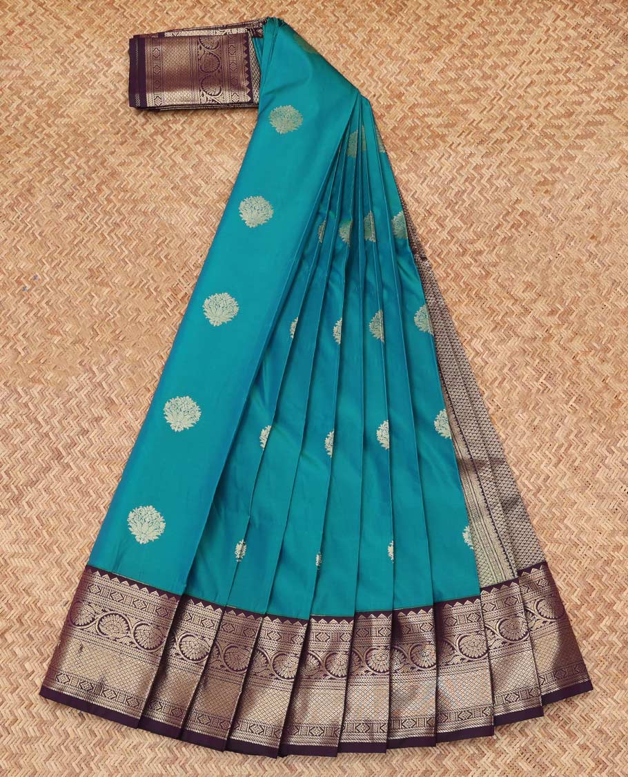 Blue Budget Silk Saree, Graced with Zari Buttas, Complemented by Contrast Traditional Zari Border, a Grand Pallu and a Contrast Blouse