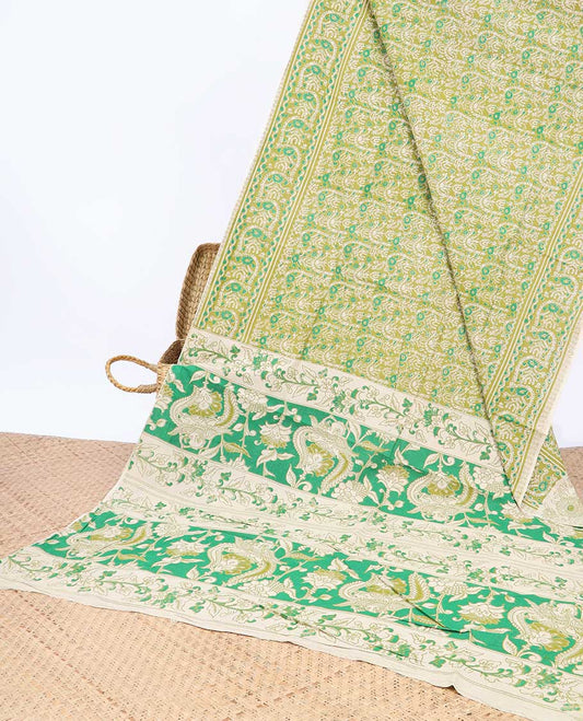 Green intricately machine-printed kalamkari cotton saree, self-border & contrast pallu of floral print