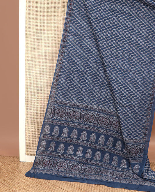 Blue floral motifs printed mul mul cotton saree, ajrakh printed border & ajrakh printed pallu