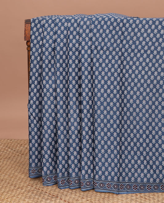 Blue floral motifs printed mul mul cotton saree, ajrakh printed border & ajrakh printed pallu