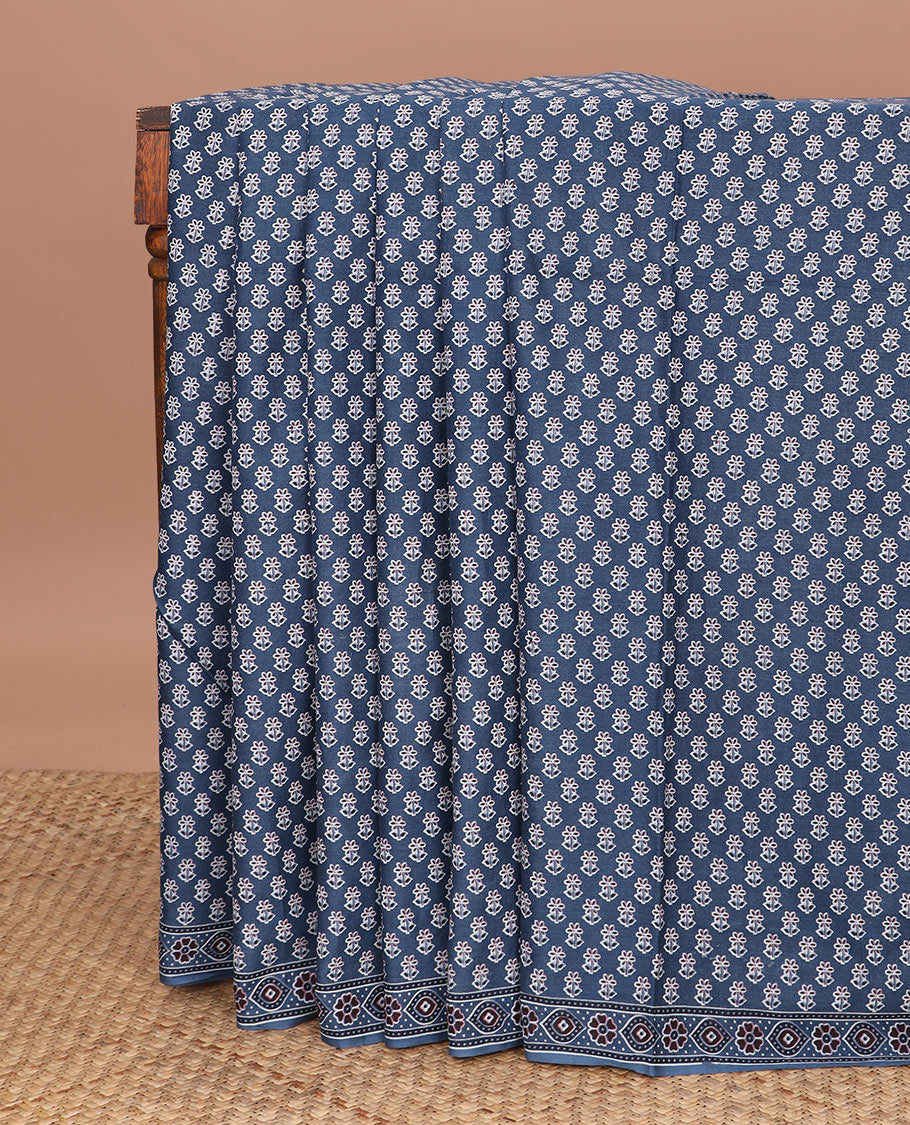 Blue floral motifs printed mul mul cotton saree, ajrakh printed border & ajrakh printed pallu