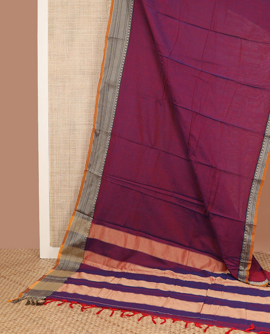 Purple plain design Narayanpet cotton saree, contrast traditional kanchi motifs, thread-woven border & striped pallu