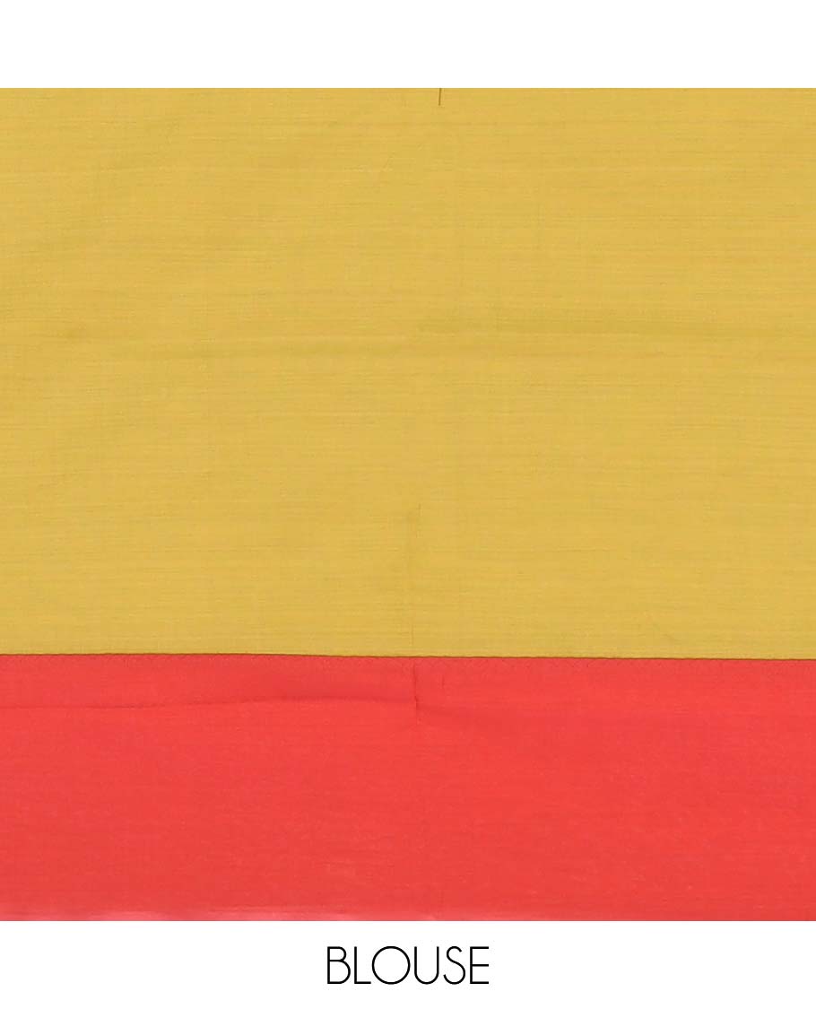 Red floral motifs printed poly cotton saree, contrast floral creeper border, and pallu of leaf creeper design