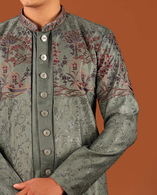 Green Intricately Threaded and Sequined Embroidered Full-Sleeved Men's Kurta Comes with Matching Pants